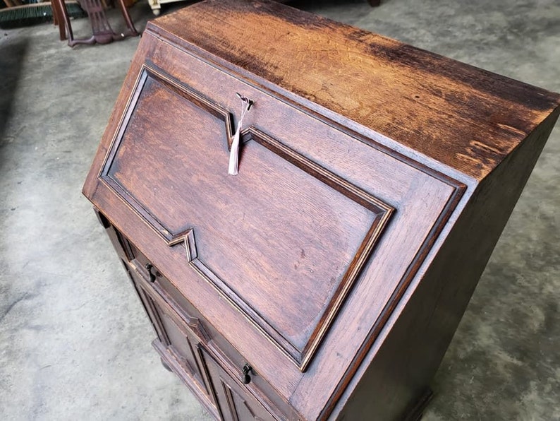 Antique Edwardian Oak Small Slim Bureau Writing Desk Cupboard Drawer