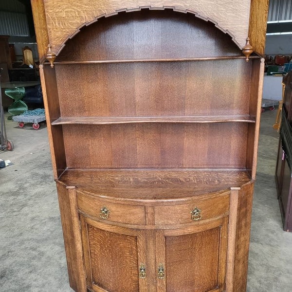 Antique repro oak bow front dresser cupboard drawers shelves cabinet