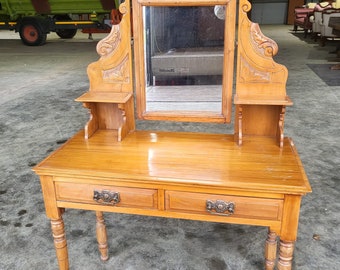 Vintage 20thC Walnut Small Dressing Table Carved Mirror Turned Legs Drawers