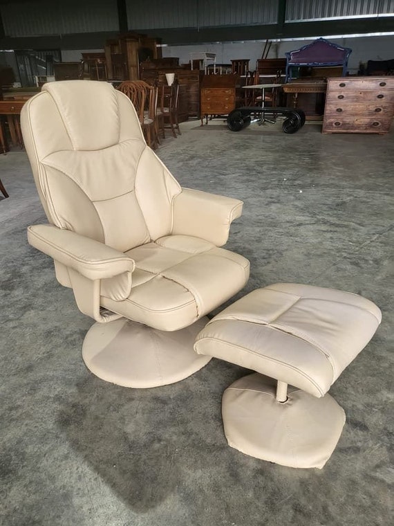 Cream leather recliner chair with footstool discount