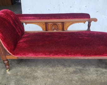 Antique Victorian red Chaise longue sofa turned legs castors
