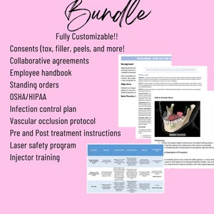 May include: Aesthetic Injector Bundle with the text "Fully Customizable!!" on a pink background. Includes documents on consents, agreements, employee handbook, OSHA/HIPAA, infection control, and injector training. Also includes medical diagrams.