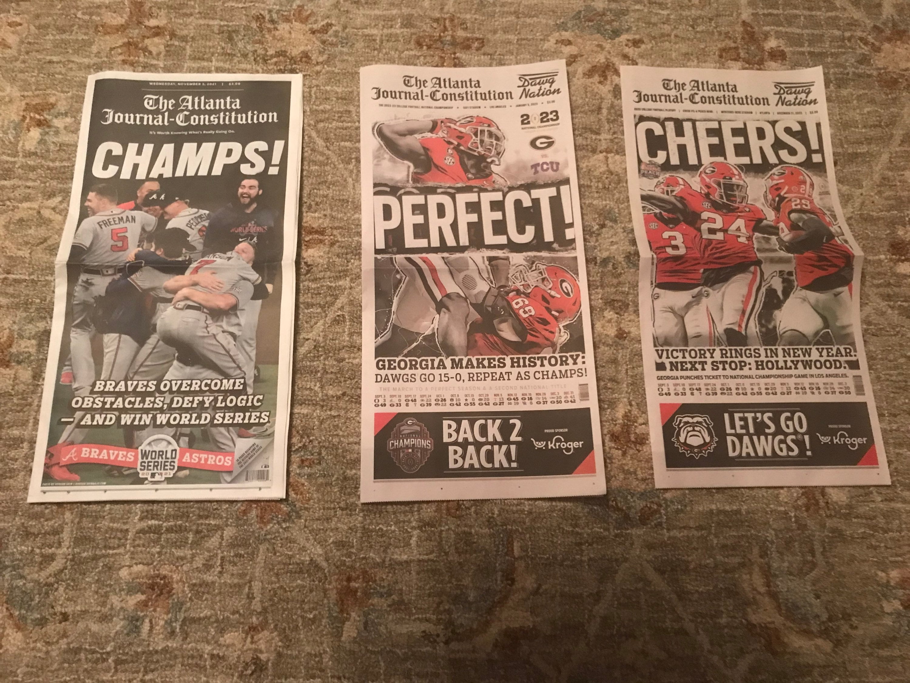 Georgia Bulldogs Football National Champs 2023 And Atlanta Braves World Series Champions AJC Limited Edition Newspaper’s. In Hand.