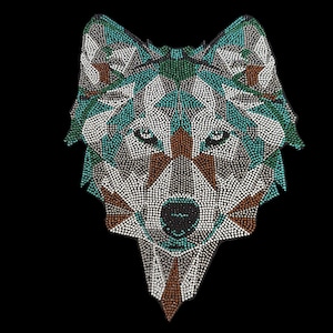 May include: A geometric wolf head design, composed of small, coloured dots. The artwork uses teal, brown, white, and black, creating a striking image against a black background. The wolf's face is central, showing its eyes, nose, and fur.