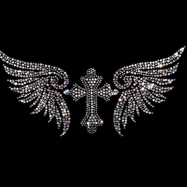 Cross with wing rhinestone design , bedazzled cross diy patches, heat transfer iron on cross applique , bling bling cross transfer 5 x 10