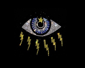 Evil Eye Rhinestone Iron On Applique: Crystal Lightning Design (9" x 7")