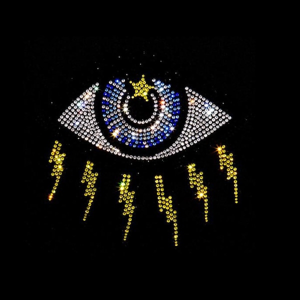 Evil eye rhinestone transfer , hot fix crystals, Evil eye Rhinestone Iron on Crystal applique  evil eye with lightening , iron on designs