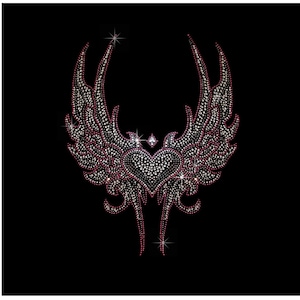 Pink heart angel wing design rhinestone iron on , heat transfer heart with wings design , iron on crystal designs , hot fix iron on 11” x 9”