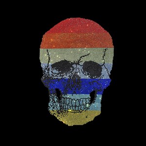 May include: A skull design made of colorful rhinestones. The skull is made up of red, white, blue, and yellow rhinestones.