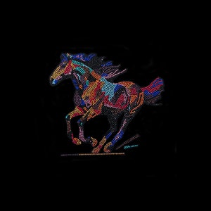 May include: A colorful horse design made of rhinestones. The horse is running and has a blue, pink, orange, and yellow mane and tail.