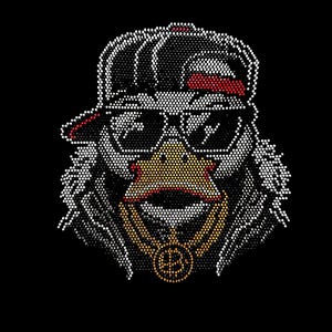 Puede incluir: Ilustración gráfica de un pato con gafas de sol, gorra de béisbol hacia atrás y cadena de oro. El pico del pato es amarillo y el fondo es negro. La imagen está creada con un patrón de puntos.