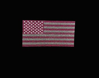 Rhinestone iron on pink USA flag , hot fix rhinestone flag , pink ribbon flag , cancer awareness patches , diy rhinestone patches