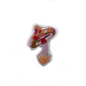 May include: A pink and brown embroidered mushroom patch with red accents. The mushroom has a white stem and a pink and brown cap with white spots.