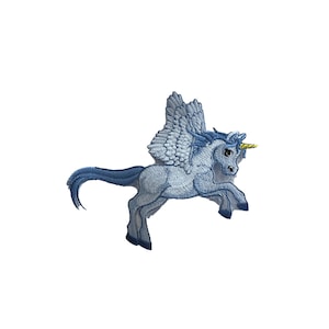 Puede incluir: Un parche bordado que representa un unicornio azul alado con un cuerno dorado.