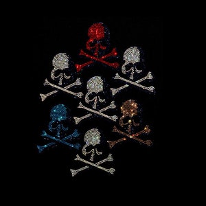Small skulls transfer ,iron on rhinestone skull , hot fix skull decals,  skull transfer ,red blue gold white skulls ,skull design 12 x 10