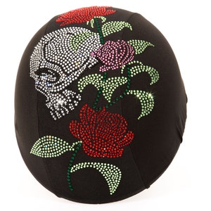 Skull with flowers Custom helmet cover , Rhinestone bling helmet skin , Equestrian motorcycle cyclist skiing helmet cover