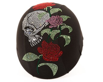 Rhinestone Skull & Flowers Helmet Cover, Custom Equestrian Motorcycle Helmet Skin