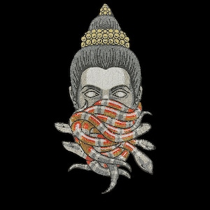 Puede incluir: Una ilustración en blanco y negro de un Buda con una serpiente roja y blanca cubriendo la cara. El Buda lleva una corona dorada.