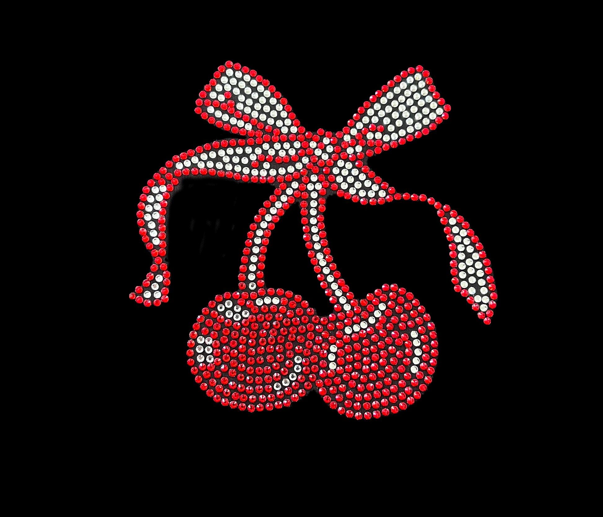 Red Cherry Rhinestone Iron On Patch: Bling Applique (4” x 3”)