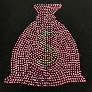 Toppa termoadesiva con strass a forma di sacco di soldi rosa per magliette, trasferimento termoadesiva con strass, decalcomania di lusso con cristalli hot fix da 4" x 3,5"