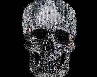 Black silver rhinestone skull transfer , iron on skull patch , hot fix rhinestone skull design , bling skull transfer