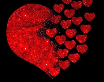 Red Rhinestone Heart Iron-On Patch, DIY Heat Transfer (8x8)