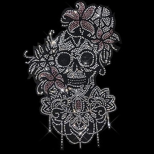 Skeleton with flower iron on rhinestones transfer design for clothes, bling crystal skull patch hot fix motif, custom shirt designs  13” x9”