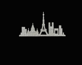 Paris Rhinestone heat transfer motif decal , iron on Paris motif , hot fix design , rhinestones , heat transfer Paris , paris city patch