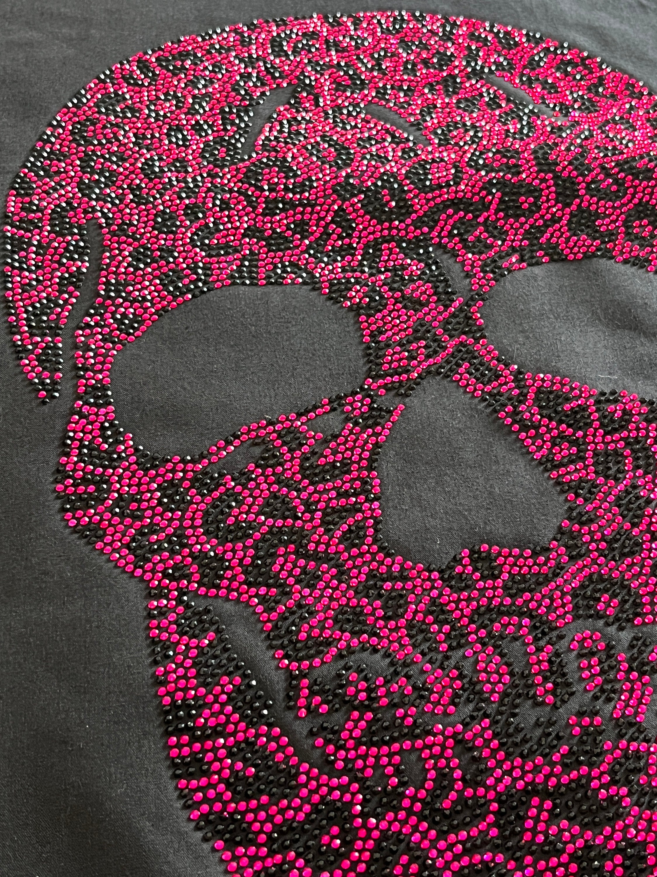 Pink Leopard Print Skull Rhinestone Transfer Design , Iron