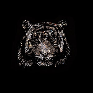 Rhinestone Tiger Patch: Silver Black Iron-On Applique (8&quot; x 8&quot;)