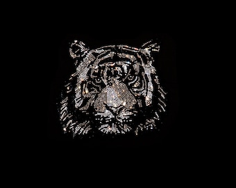 Silver black tiger design, rhinestone tiger patch , iron on tiger applique , heat transfer tiger motif , bling tiger transfer for clothes