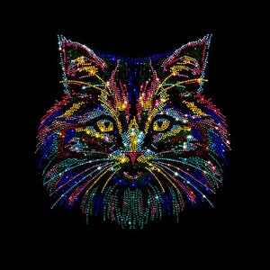 Cat Iron on design , rhinestone cute cat applique ,hot fix motif transfer , bling patch decal gift for him and her  10” x 10”