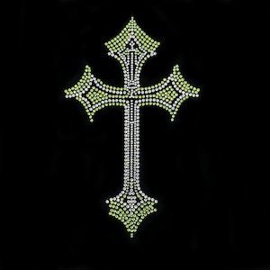 Crystal green iron on rhinestone designs , bling bling cross pacthes , heat transfer Christian appliques