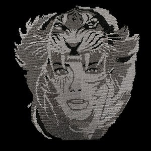 May include: A black and white image of a woman's face with a tiger's face superimposed over her head. The image is made up of small, white dots.