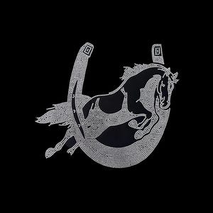 May include: A silver rhinestone design of a horse jumping over a horseshoe.