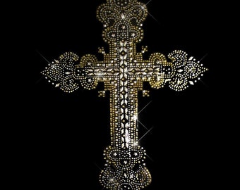 Gouden strass christelijk kruis opstrijkbare patch, bling-appliqué ontwerp (12" x 8,5")