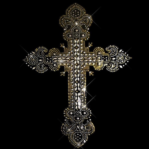 Gold cross iron on rhinestone transfer , bling cross heat transfer design , Rhinestone cross transfer , hot fix rhinestone cross