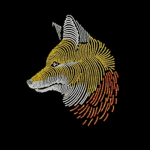 May include: A fox head silhouette made of rhinestones in shades of white, gold, and orange.