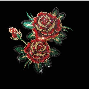 Red Rose Rhinestone Iron-On Transfer: Bling Applique (12” x 9”)