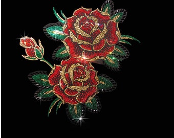 Red gold rose iron rhinestone transfer for clothing , heat transfer crystal rhinestone patches , bling rose design applique 12” x 9”