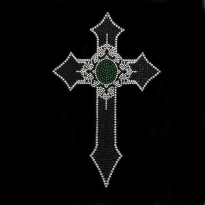 Rhinestone Cross Iron On Patch, Bling black cross with green diamond Heat Transfer 9.5” x 6”