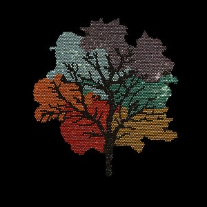 May include: A colorful leaf design made of rhinestones. The leaf is made up of five different colored sections: orange, red, green, blue, and purple.