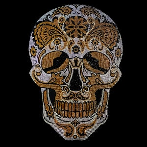 Sugar Skull iron on transfer rhinestone motif , hot fix Crystal skeleton applique, bling patch design , gift for her 12.5”x 9”