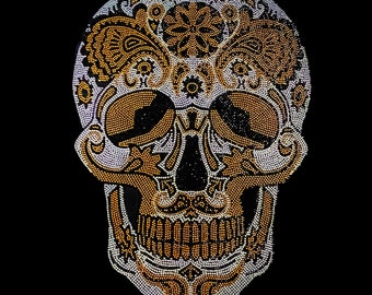 Transferencia de calor de calavera de azúcar, hierro en calavera de revisión, transferencia de calavera de fijación caliente, parche de calavera de azúcar de diamantes de imitación, diseño de calavera grande de transferencia de calor