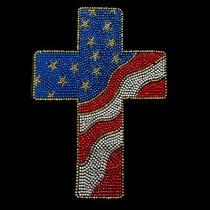 USA flag cross iron on heat transfer design for clothes ,hot fix rhinestone cross patch ,bling cross for shirts , heat transfer cross decal