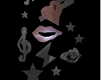 Rhinestone Iron On Patches, Music Decals, Crystal Heat Transfer (14x11")