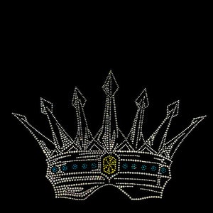 May include: A sparkling crown design on a black background. The crown is adorned with numerous clear rhinestones, with accents of blue and yellow gems. The crown's intricate details and symmetrical design create a regal appearance.