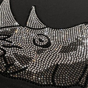 Op de afbeelding: Een zwarte stoffen achtergrond met een ontwerp van strasssteentjes in de vorm van een neushoorn. De strasssteentjes zijn zilver en zwart.