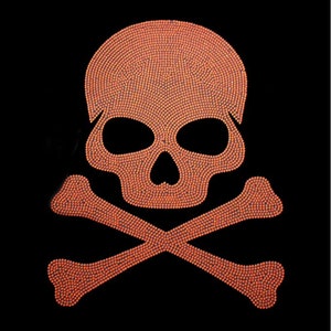 May include: A skull and crossbones design made of small orange beads on a black background.