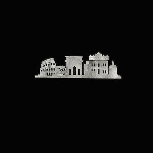 May include: A white silhouette of the Roman Colosseum and other buildings, created with small white lights against a black background.